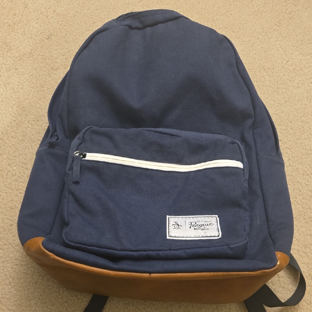 Unisex Original Penguin Laptop Backpack, Navy Blue & tan w/gingham Pocket Lining